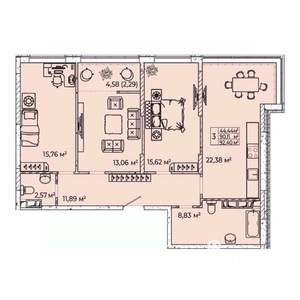 3-к квартира, вторичка, 92м2, 12/23 этаж
