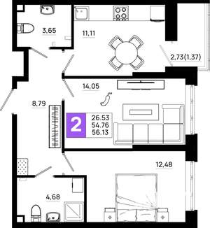 2-к квартира, вторичка, 56м2, 2/21 этаж