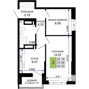 2-к квартира, вторичка, 44м2, 9/25 этаж