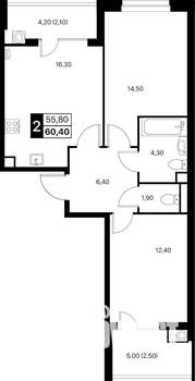 2-к квартира, строящийся дом, 60м2, 2/12 этаж