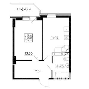 1-к квартира, сданный дом, 38м2, 19/24 этаж