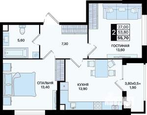 2-к квартира, вторичка, 56м2, 2/22 этаж