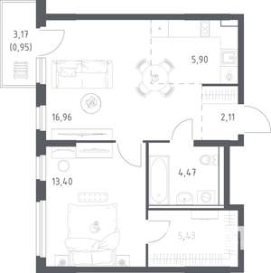 1-к квартира, вторичка, 49м2, 8/17 этаж