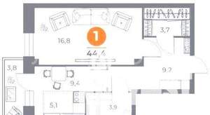 1-к квартира, вторичка, 44м2, 8/19 этаж
