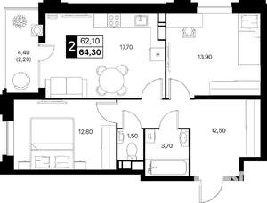2-к квартира, строящийся дом, 64м2, 4/20 этаж