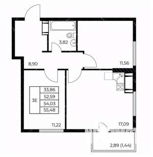 2-к квартира, строящийся дом, 55м2, 15/25 этаж