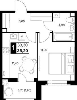 1-к квартира, вторичка, 35м2, 2/12 этаж
