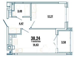 1-к квартира, строящийся дом, 38м2, 3/4 этаж