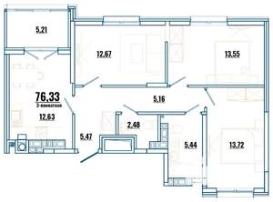 3-к квартира, строящийся дом, 76м2, 4/4 этаж