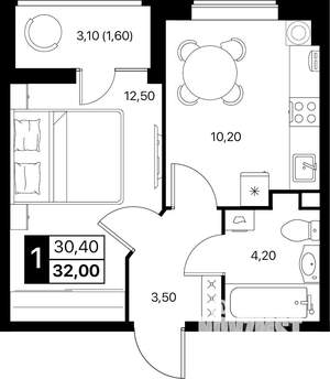 1-к квартира, вторичка, 32м2, 2/12 этаж