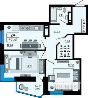 2-к квартира, строящийся дом, 59м2, 27/31 этаж