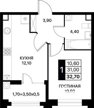 1-к квартира, вторичка, 33м2, 2/12 этаж