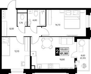 2-к квартира, строящийся дом, 62м2, 2/20 этаж