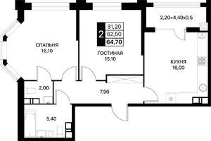 2-к квартира, вторичка, 65м2, 6/12 этаж