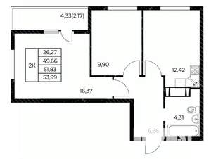 2-к квартира, вторичка, 54м2, 10/25 этаж