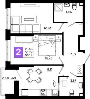 2-к квартира, вторичка, 55м2, 2/21 этаж