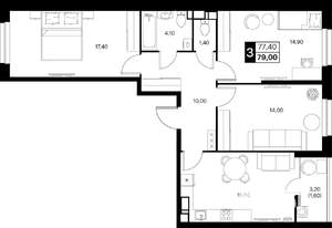 3-к квартира, строящийся дом, 79м2, 8/12 этаж