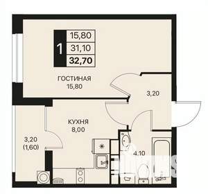 1-к квартира, строящийся дом, 33м2, 6/12 этаж