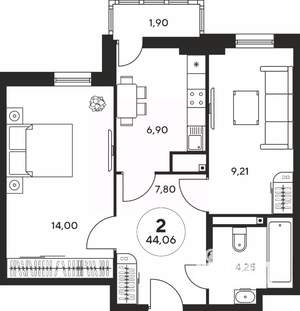 2-к квартира, вторичка, 44м2, 15/25 этаж