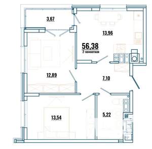 2-к квартира, строящийся дом, 56м2, 3/4 этаж