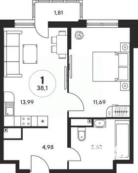 1-к квартира, вторичка, 38м2, 18/25 этаж