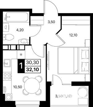 1-к квартира, вторичка, 32м2, 3/12 этаж