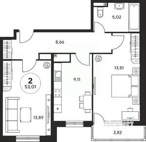 2-к квартира, вторичка, 53м2, 8/25 этаж