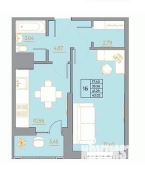 1-к квартира, вторичка, 43м2, 10/22 этаж