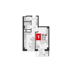 1-к квартира, строящийся дом, 40м2, 6/22 этаж