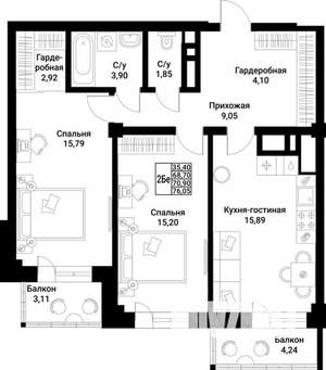 2-к квартира, вторичка, 71м2, 2/10 этаж