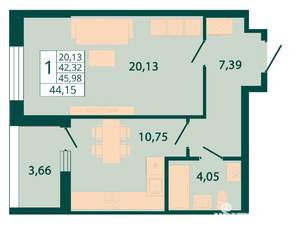 1-к квартира, строящийся дом, 44м2, 8/29 этаж