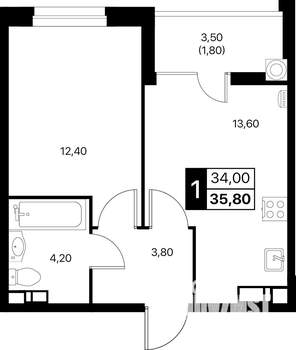 1-к квартира, вторичка, 36м2, 9/12 этаж