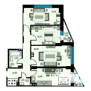 3-к квартира, вторичка, 75м2, 11/25 этаж