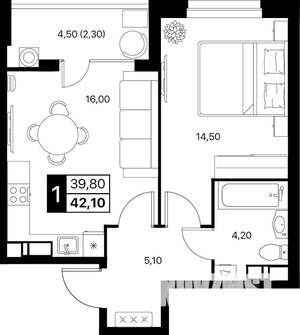 1-к квартира, строящийся дом, 42м2, 8/12 этаж