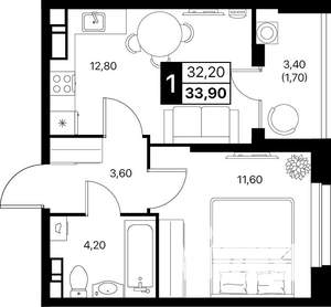 1-к квартира, строящийся дом, 34м2, 4/12 этаж