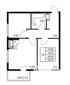 2-к квартира, строящийся дом, 48м2, 20/25 этаж