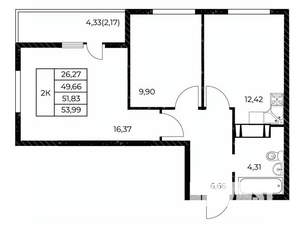 2-к квартира, вторичка, 54м2, 9/25 этаж