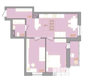 2-к квартира, строящийся дом, 65м2, 8/22 этаж