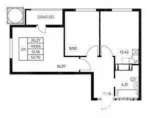 2-к квартира, строящийся дом, 53м2, 23/25 этаж