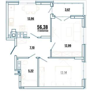 2-к квартира, строящийся дом, 56м2, 3/4 этаж