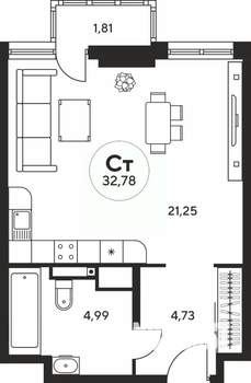Студия квартира, вторичка, 33м2, 2/25 этаж