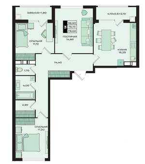 3-к квартира, вторичка, 79м2, 4/15 этаж