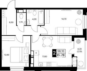 2-к квартира, вторичка, 61м2, 18/20 этаж