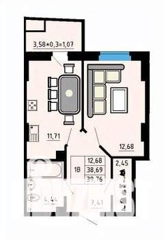 1-к квартира, строящийся дом, 39м2, 12/25 этаж