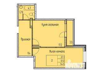 2-к квартира, строящийся дом, 53м2, 4/15 этаж