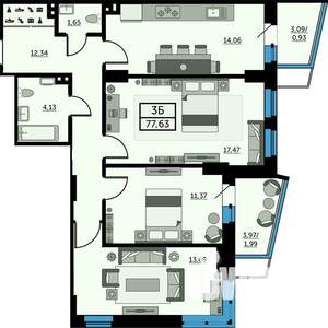3-к квартира, строящийся дом, 77м2, 21/25 этаж