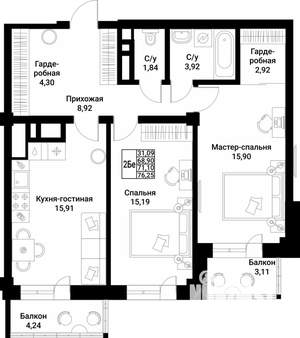 2-к квартира, вторичка, 71м2, 4/10 этаж
