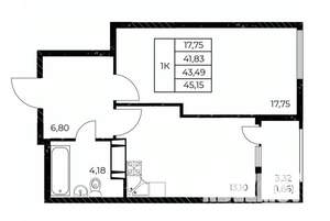 1-к квартира, строящийся дом, 45м2, 23/25 этаж