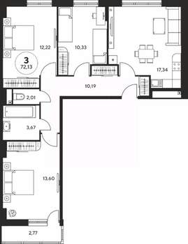 3-к квартира, вторичка, 72м2, 19/25 этаж