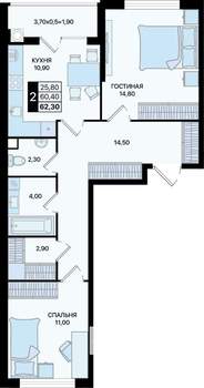 2-к квартира, вторичка, 62м2, 1/15 этаж